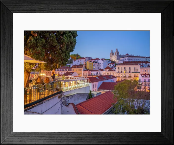 Framed Print : View of colourful buildings and red rooftops at dusk in the Alfama District, Lisbon, Portugal, Europe Framed Print : View of colourful buildings and red rooftops at dusk in the Alfama District, Lisbon, Portugal, Europe