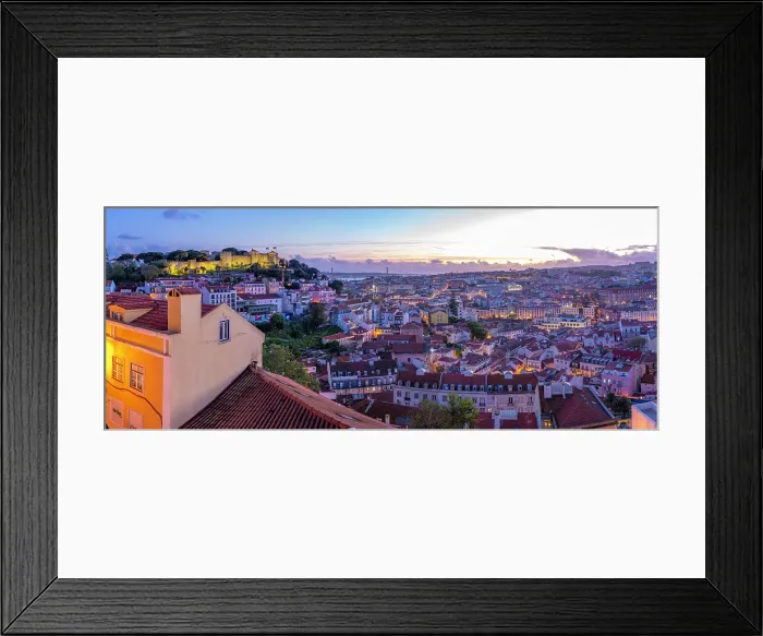 Framed Print : Panoramic view of Lisbon Castle from Miradouro da Senhora do Monte scenic point at dusk in the Alfama District, Lisbon, Portugal, Europe Framed Print : Panoramic view of Lisbon Castle from Miradouro da Senhora do Monte scenic point at dusk in the Alfama District, Lisbon, Portugal, Europe