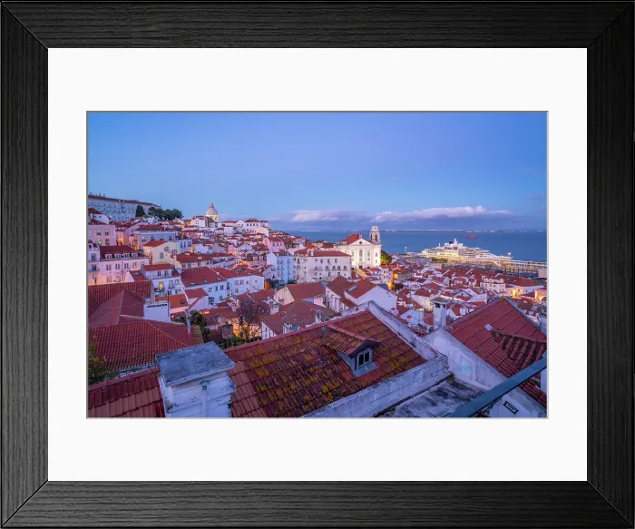 Framed Print : View of colourful buildings and red rooftops at dusk in the Alfama District, Lisbon, Portugal, Europe