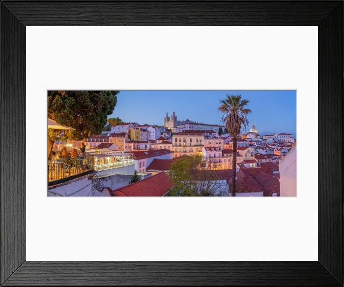 Framed Print : View of colourful buildings and red rooftops at dusk in the Alfama District, Lisbon, Portugal, Europe