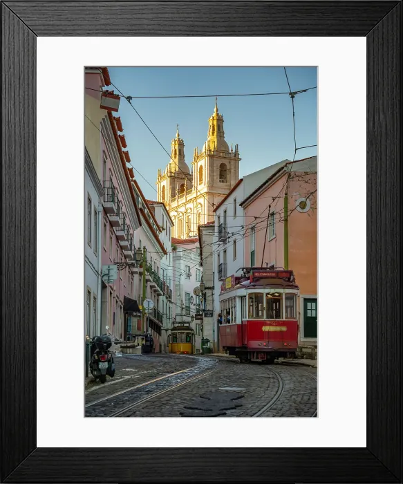 Framed Print : View of vintage tram and colourful buildings in the Alfama District on a sunny day, Lisbon, Portugal, Europe