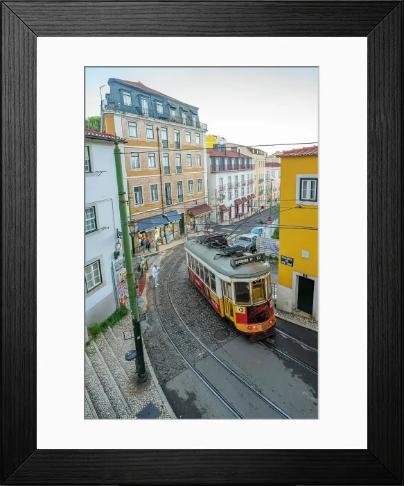 Framed Print : View of vintage tram and colourful buildings in the Alfama District on a sunny day, Lisbon, Portugal, Europe