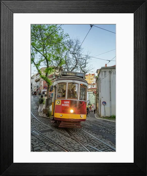 Framed Print : View of vintage tram and colourful buildings in the Alfama District on a sunny day, Lisbon, Portugal, Europe