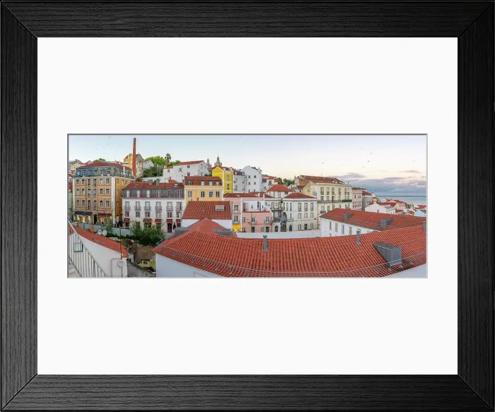 Framed Print : View of colourful buildings and red rooftops at sunset in the Alfama District, Lisbon, Portugal, Europe