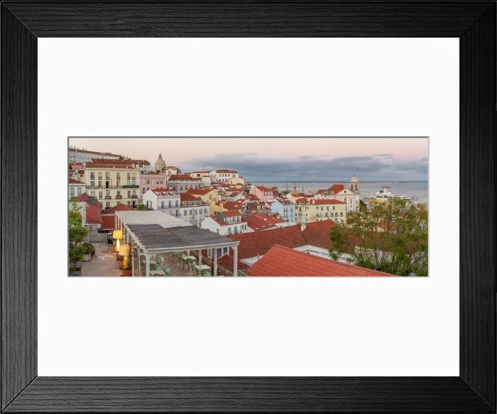 Framed Print : View of colourful buildings and red rooftops at sunset in the Alfama District, Lisbon, Portugal, Europe