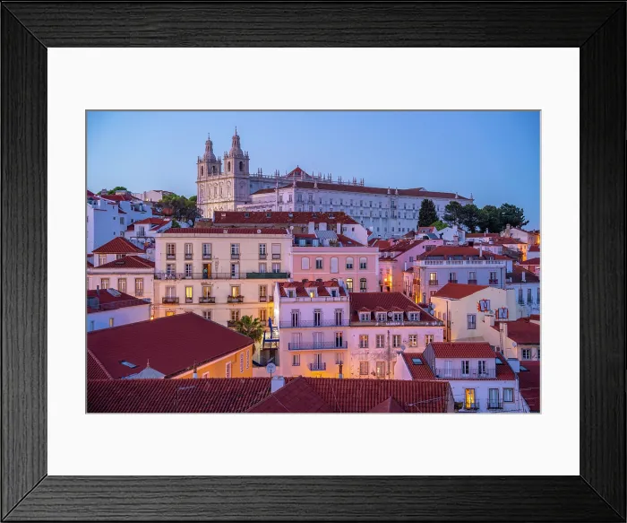 Framed Print : View of colourful buildings and red rooftops at dusk in the Alfama District, Lisbon, Portugal, Europe