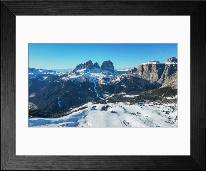 Framed Print : Aerial of Sassolongo or Langkofelschart e and the Canazei ski slopes, Dolomites, Italy Framed Print : Aerial of Sassolongo or Langkofelschart e and the Canazei ski slopes, Dolomites, Italy