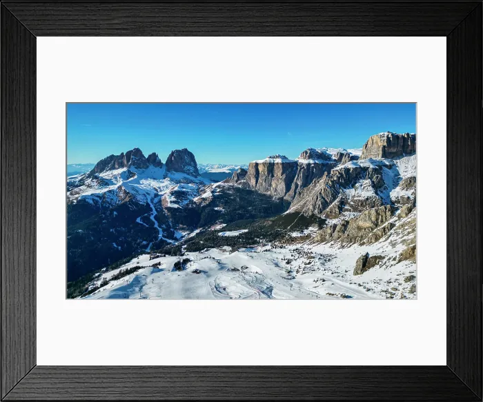 Framed Print : Aerial of Sassolongo or Langkofelscharte and the Canazei ski slopes, Dolomites, Italy Framed Print : Aerial of Sassolongo or Langkofelscharte and the Canazei ski slopes, Dolomites, Italy