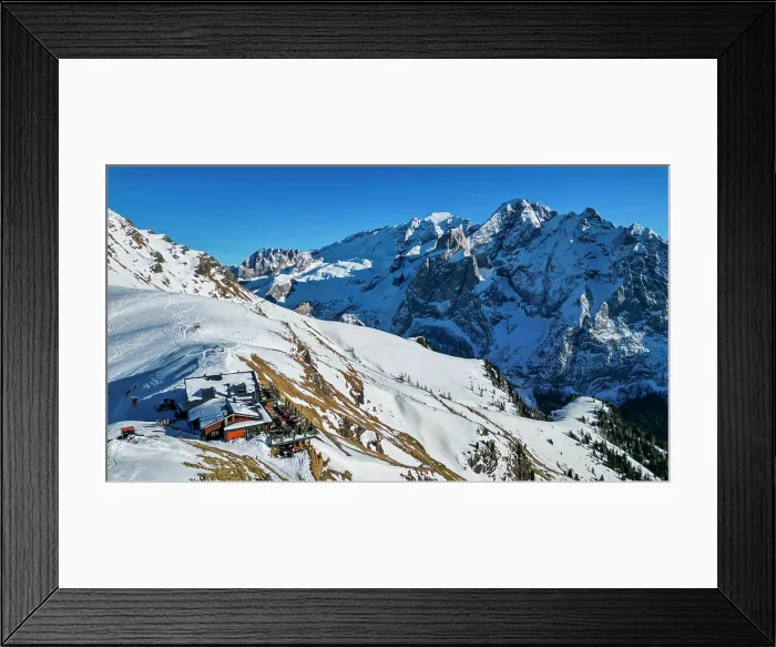 Framed Print : Aerial of a restaurantbelow the Marmolada highest mountain in the Dolomites, Italy Framed Print : Aerial of a restaurantbelow the Marmolada highest mountain in the Dolomites, Italy