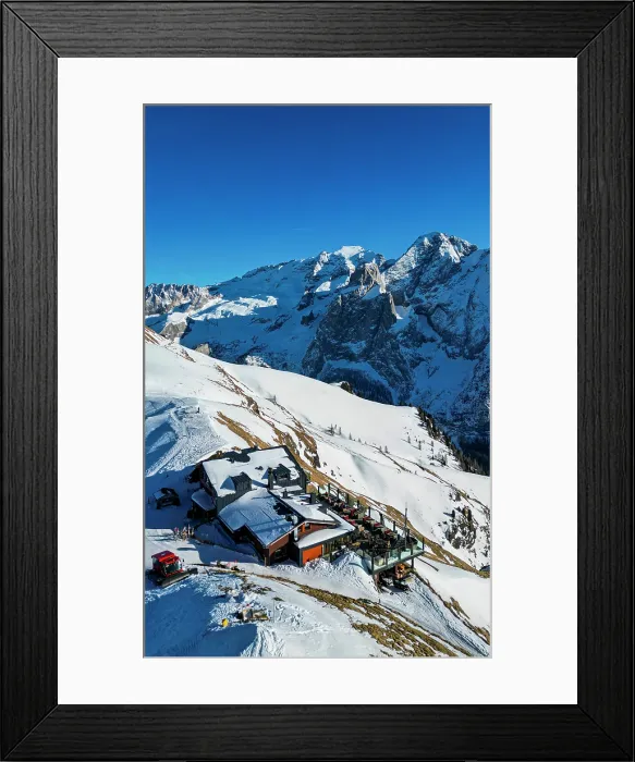 Framed Print : Aerial of a restaurantbelow the Marmolada highest mountain in the Dolomites, Italy Framed Print : Aerial of a restaurantbelow the Marmolada highest mountain in the Dolomites, Italy