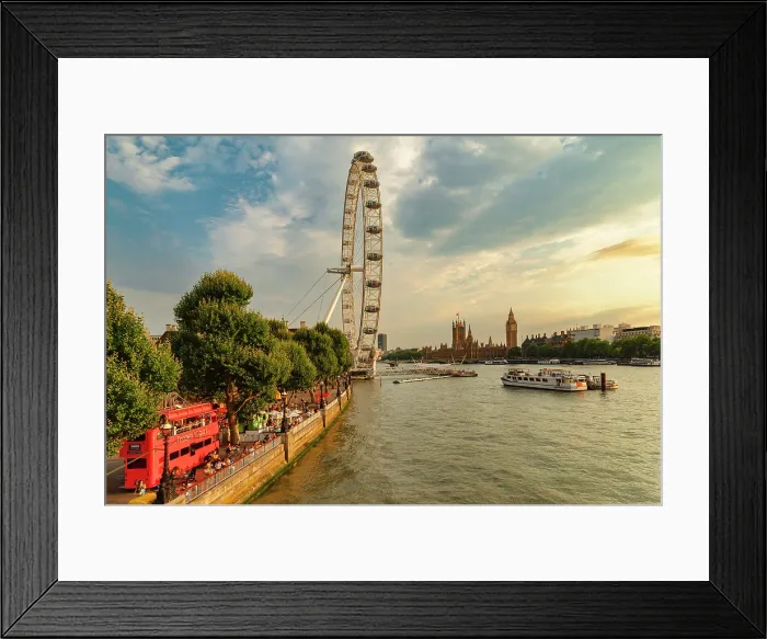Framed Print : Promenade at River Thames with London Eye ferry wheel, London, England Framed Print : Promenade at River Thames with London Eye ferry wheel, London, England