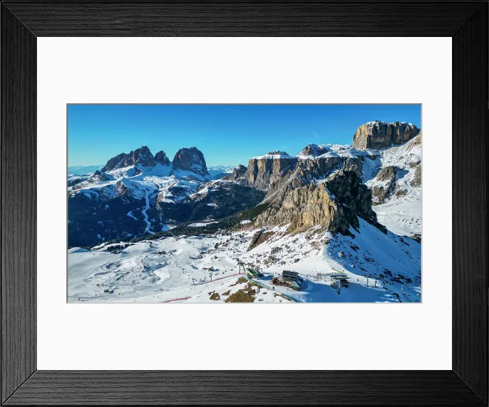 Framed Print : Aerial of Sassolongo or Langkofelscharte and the Canazei ski slopes, Dolomites, Italy Framed Print : Aerial of Sassolongo or Langkofelscharte and the Canazei ski slopes, Dolomites, Italy
