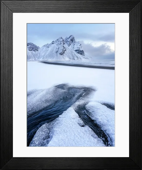 Framed Print : View of the mountains of Vestrahorn from black volcanic sand beach after snowfall, Stokksnes, South Iceland, Iceland, Polar Regions Framed Print : View of the mountains of Vestrahorn from black volcanic sand beach after snowfall, Stokksnes, South Iceland, Iceland, Polar Regions