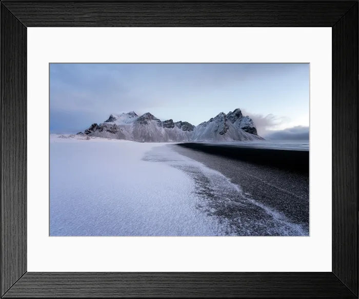 Framed Print : View of the mountains of Vestrahorn from black volcanic sand beach after snowfall, Stokksnes, South Iceland, Iceland, Polar Regions Framed Print : View of the mountains of Vestrahorn from black volcanic sand beach after snowfall, Stokksnes, South Iceland, Iceland, Polar Regions