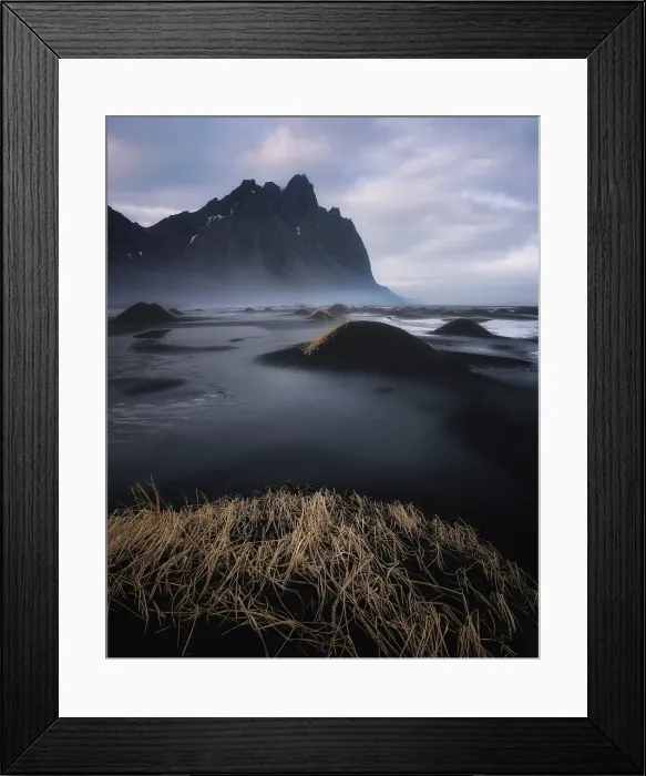 Framed Print : View of the mountains of Vestrahorn from black volcanic sand beach, Stokksnes, South Iceland, Iceland, Polar Regions Framed Print : View of the mountains of Vestrahorn from black volcanic sand beach, Stokksnes, South Iceland, Iceland, Polar Regions