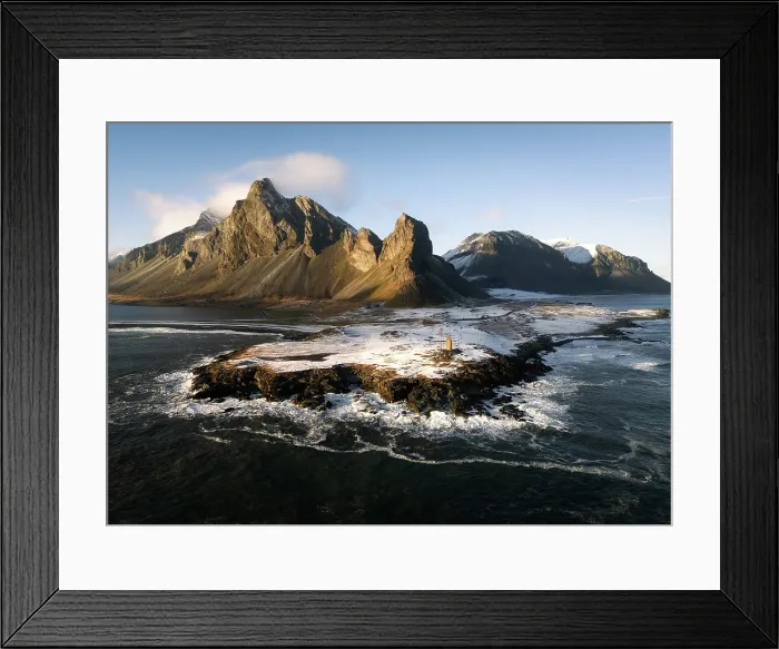 Framed Print : Aerial image of Eystrahorn mountain in winter, South Iceland, Iceland, Europe Framed Print : Aerial image of Eystrahorn mountain in winter, South Iceland, Iceland, Europe