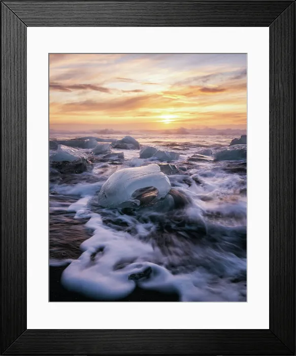 Framed Print : Glacier ice on Diamond Beach at sunrise with crashing waves, near Jokulsarlon, South Iceland, Iceland, Polar Regions Framed Print : Glacier ice on Diamond Beach at sunrise with crashing waves, near Jokulsarlon, South Iceland, Iceland, Polar Regions