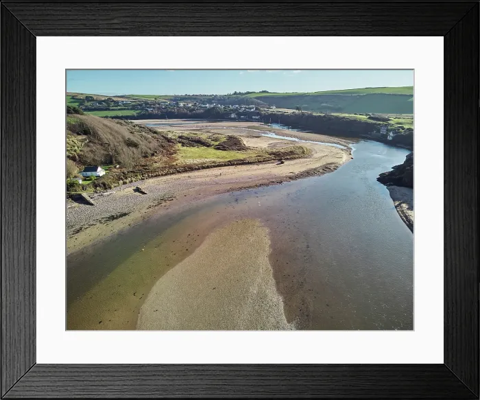 Framed Print : A low tide aerial drone view of the sandy shore and sand banks in the estuary of the River Avon, at Bantham, on the south coast of Devon, Great Britain Framed Print : A low tide aerial drone view of the sandy shore and sand banks in the estuary of the River Avon, at Bantham, on the south coast of Devon, Great Britain