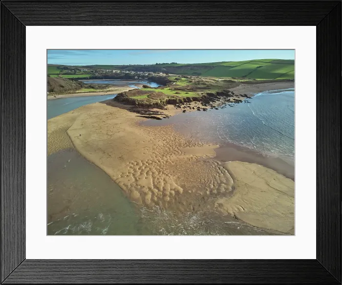 Framed Print : A low tide aerial drone view of the sandy shore and sand banks in the estuary of the River Avon, at Bantham, on the south coast of Devon, Great Britain Framed Print : A low tide aerial drone view of the sandy shore and sand banks in the estuary of the River Avon, at Bantham, on the south coast of Devon, Great Britain