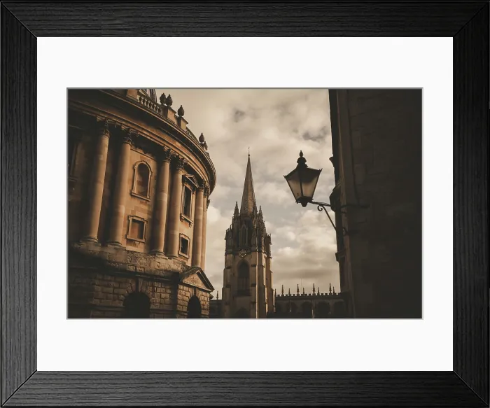 Framed Print : A photograph of St Mary's Church, Radcliffe Camera with an old fashioned lamp in the sun Framed Print : A photograph of St Mary's Church, Radcliffe Camera with an old fashioned lamp in the sun