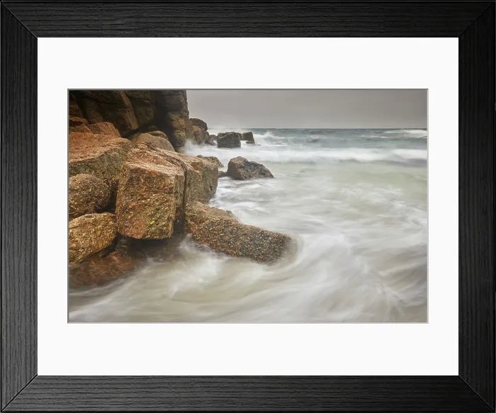 Framed Print : Atlantic surf rolls across granite shoreline rocks, at Porthgwarra Cove, near Land's End, in the far west of Cornwall, Great Britain Framed Print : Atlantic surf rolls across granite shoreline rocks, at Porthgwarra Cove, near Land's End, in the far west of Cornwall, Great Britain