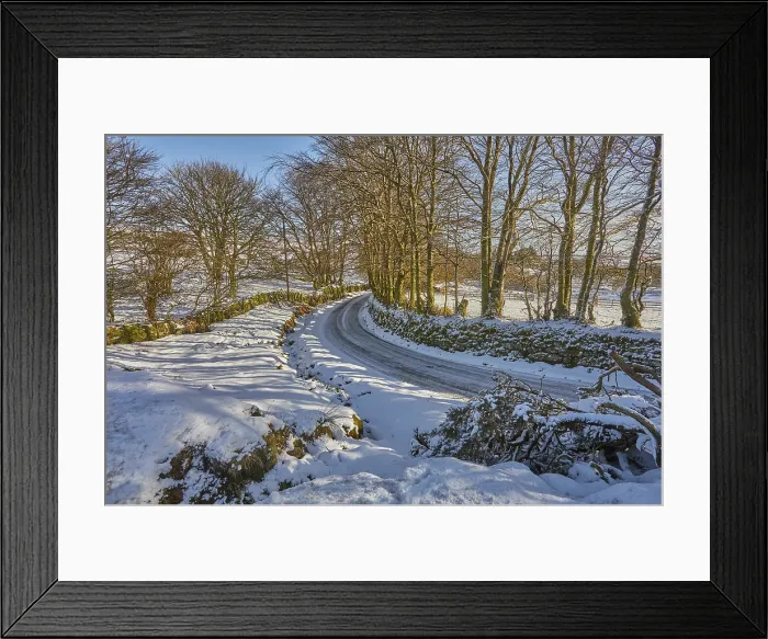 Framed Print : A snowy lane in the dead of winter, Postbridge, Dartmoor National Park, Devon, Great Britain Framed Print : A snowy lane in the dead of winter, Postbridge, Dartmoor National Park, Devon, Great Britain