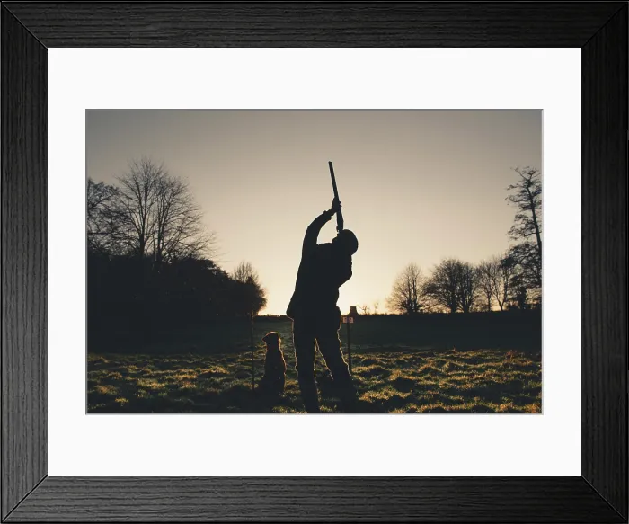 Framed Print : A silhouette of a gun shooting with a gun dog Framed Print : A silhouette of a gun shooting with a gun dog