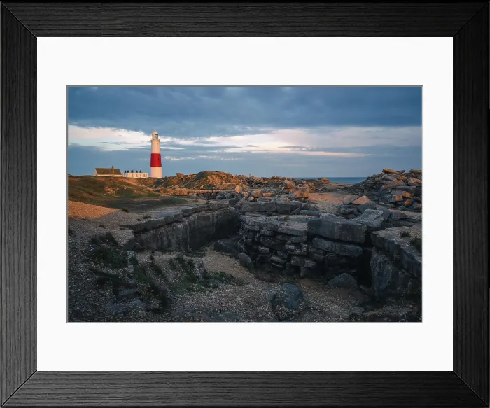 Framed Print : Portland Bill Lighthouse at sunset with remnants of limestone quarry in the foreground, Portland, Dorset, UK Framed Print : Portland Bill Lighthouse at sunset with remnants of limestone quarry in the foreground, Portland, Dorset, UK