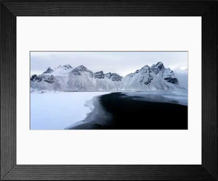 Framed Print : View of the mountains of Vestrahorn from black volcanic sand beach after snowfall, Stokksnes, South Iceland, Iceland, Polar Regions Framed Print : View of the mountains of Vestrahorn from black volcanic sand beach after snowfall, Stokksnes, South Iceland, Iceland, Polar Regions