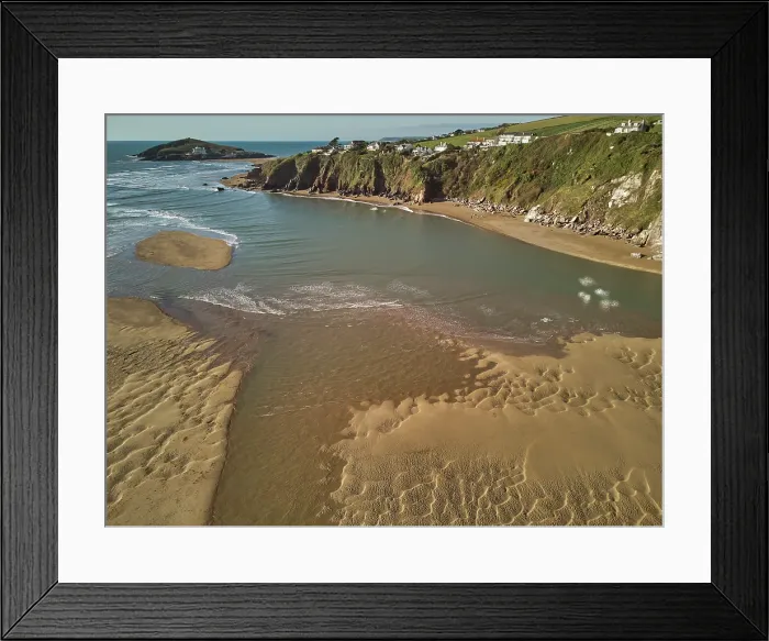 Framed Print : A low tide aerial drone view of the sandy shore and sand banks in the estuary of the River Avon, at Bantham, on the south coast of Devon, Great Britain Framed Print : A low tide aerial drone view of the sandy shore and sand banks in the estuary of the River Avon, at Bantham, on the south coast of Devon, Great Britain