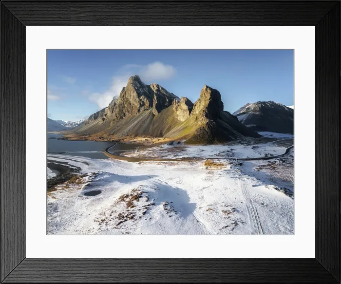 Framed Print : Aerial image of Eystrahorn mountain in winter, South Iceland, Iceland, Europe Framed Print : Aerial image of Eystrahorn mountain in winter, South Iceland, Iceland, Europe