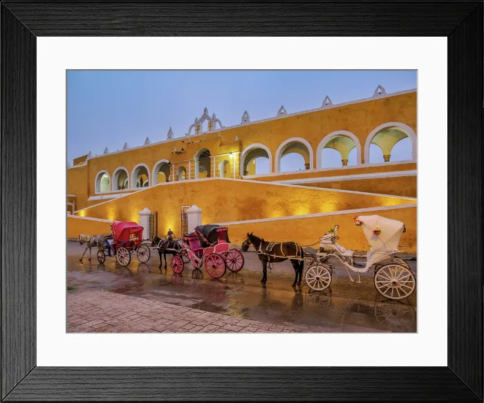 Framed Print : Horse-drawn carriages in front of the Convent of San Antonio de Padua at dawn, Izamal, Yucatan State, Mexico Framed Print : Horse-drawn carriages in front of the Convent of San Antonio de Padua at dawn, Izamal, Yucatan State, Mexico
