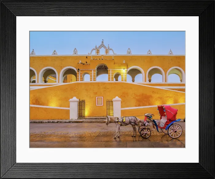 Framed Print : Horse-drawn carriage in front of the Convent of San Antonio de Padua at dawn, Izamal, Yucatan State, Mexico Framed Print : Horse-drawn carriage in front of the Convent of San Antonio de Padua at dawn, Izamal, Yucatan State, Mexico