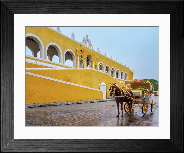 Framed Print : Horse-drawn carriage in front of the Convent of San Antonio de Padua, Izamal, Yucatan State, Mexico