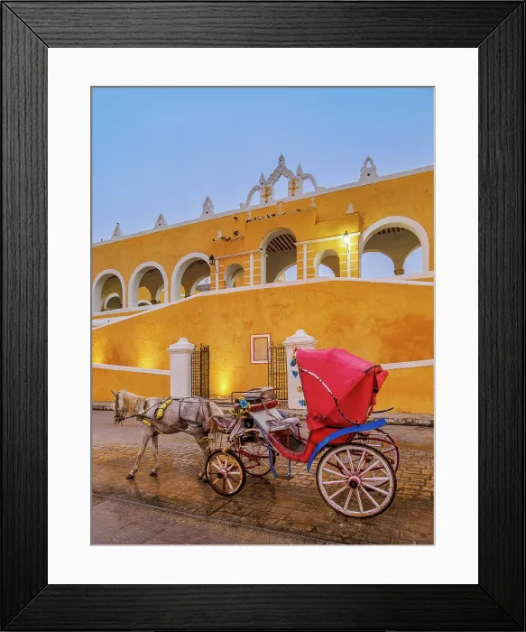 Framed Print : Horse-drawn carriage in front of the Convent of San Antonio de Padua at dawn, Izamal, Yucatan State, Mexico Framed Print : Horse-drawn carriage in front of the Convent of San Antonio de Padua at dawn, Izamal, Yucatan State, Mexico