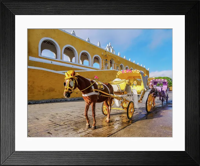 Framed Print : Horse-drawn carriages in front of the Convent of San Antonio de Padua, Izamal, Yucatan State, Mexico Framed Print : Horse-drawn carriages in front of the Convent of San Antonio de Padua, Izamal, Yucatan State, Mexico