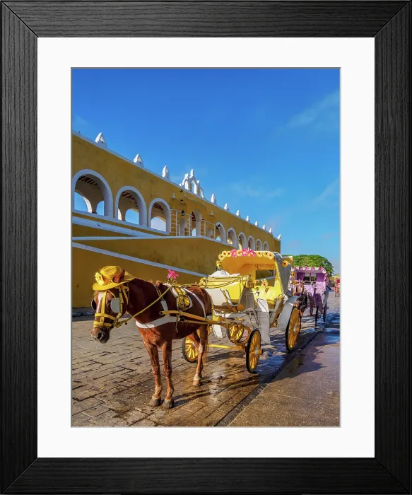 Framed Print : Horse-drawn carriages in front of the Convent of San Antonio de Padua, Izamal, Yucatan State, Mexico Framed Print : Horse-drawn carriages in front of the Convent of San Antonio de Padua, Izamal, Yucatan State, Mexico