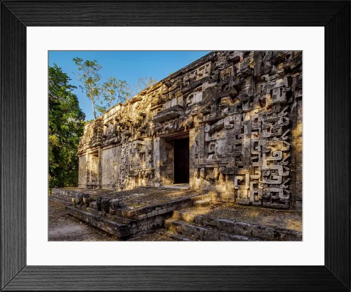 Framed Print : Structure II, monster mouth temple at sunset, Central Plaza, Chicanna Archaeological Site, Campeche State, Mexico