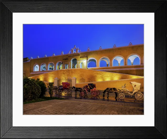 Framed Print : Horse-drawn carriages in front of the Convent of San Antonio de Padua at dawn, Izamal, Yucatan State, Mexico Framed Print : Horse-drawn carriages in front of the Convent of San Antonio de Padua at dawn, Izamal, Yucatan State, Mexico