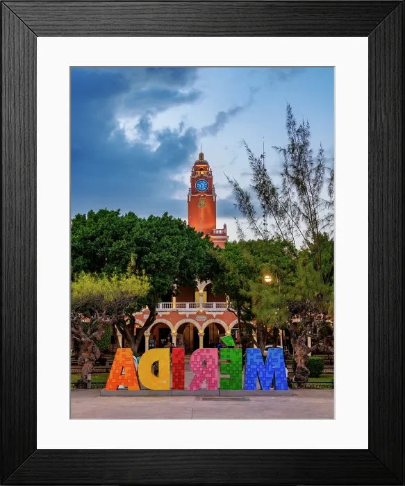 Framed Print : Merida Letters and City Hall at dusk, Plaza Grande, Merida, Yucatan State, Mexico