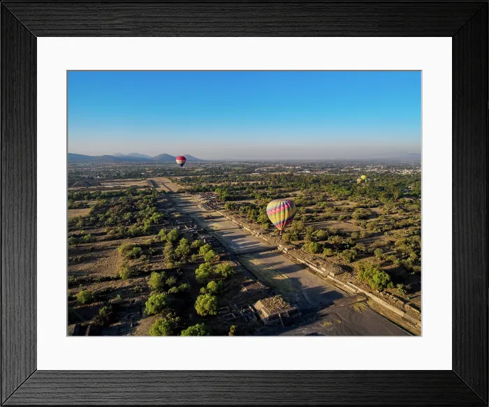 Framed Print : Hot air balloons flying over the Avenue of the Dead at sunrise, aerial view, Teotihuacan, Mexico State, Mexico Framed Print : Hot air balloons flying over the Avenue of the Dead at sunrise, aerial view, Teotihuacan, Mexico State, Mexico