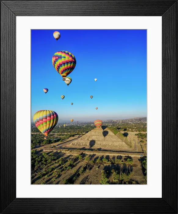 Framed Print : Hot air balloons flying over the Pyramid of the Sun at sunrise, aerial view, Teotihuacan, Mexico State, Mexico Framed Print : Hot air balloons flying over the Pyramid of the Sun at sunrise, aerial view, Teotihuacan, Mexico State, Mexico