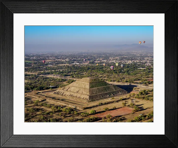 Framed Print : Hot air balloons flying over the Pyramid of the Sun and Avenue of the Dead at sunrise, aerial view, Teotihuacan, Mexico State, Mexico Framed Print : Hot air balloons flying over the Pyramid of the Sun and Avenue of the Dead at sunrise, aerial view, Teotihuacan, Mexico State, Mexico