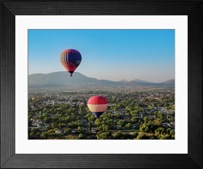 Framed Print : Hot air balloons flying towards Teotihuacan over San Francisco Mazapa at sunrise, aerial view, Mexico State, Mexico Framed Print : Hot air balloons flying towards Teotihuacan over San Francisco Mazapa at sunrise, aerial view, Mexico State, Mexico