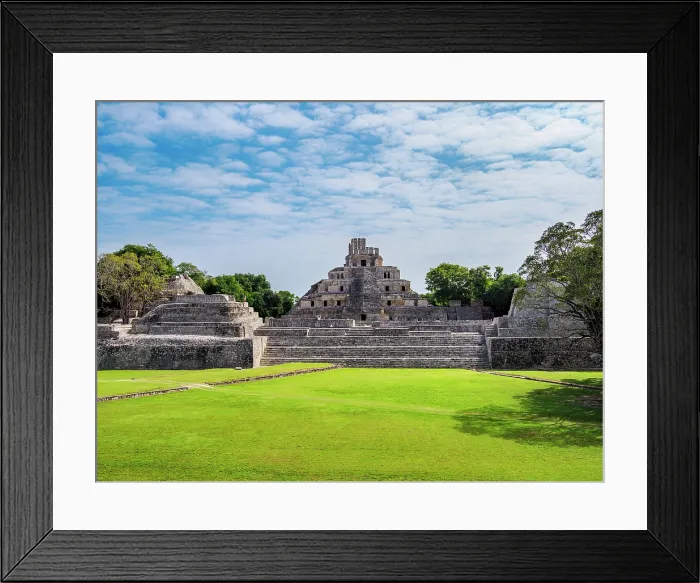 Framed Print : View over Main Plaza towards Great Acropolis and Temple of Five Floors, Edzna Archaeological Site, Campeche State, Mexico Framed Print : View over Main Plaza towards Great Acropolis and Temple of Five Floors, Edzna Archaeological Site, Campeche State, Mexico