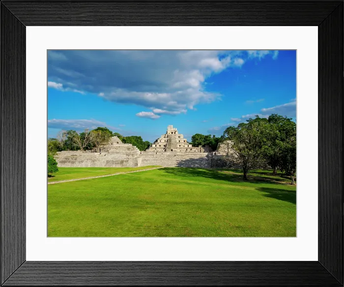 Framed Print : View over Main Plaza towards Great Acropolis and Temple of Five Floors, Edzna Archaeological Site, Campeche State, Mexico Framed Print : View over Main Plaza towards Great Acropolis and Temple of Five Floors, Edzna Archaeological Site, Campeche State, Mexico