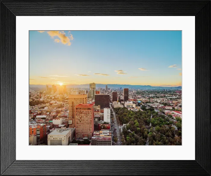 Framed Print : View over Alameda Central towards High-rise buildings of Paseo de la Reforma at sunset, Mexico City, Mexico Framed Print : View over Alameda Central towards High-rise buildings of Paseo de la Reforma at sunset, Mexico City, Mexico