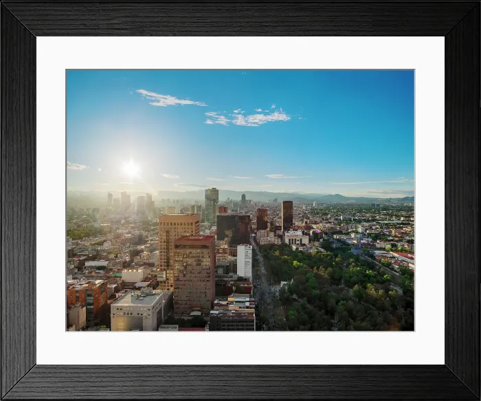 Framed Print : View over Alameda Central towards High-rise buildings of Paseo de la Reforma at sunset, Mexico City, Mexico Framed Print : View over Alameda Central towards High-rise buildings of Paseo de la Reforma at sunset, Mexico City, Mexico