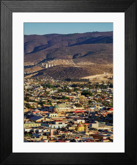 Framed Print : Cityscape seen from Cerro del Fortin at sunset, Oaxaca de Juarez, Oaxaca State, Mexico Framed Print : Cityscape seen from Cerro del Fortin at sunset, Oaxaca de Juarez, Oaxaca State, Mexico