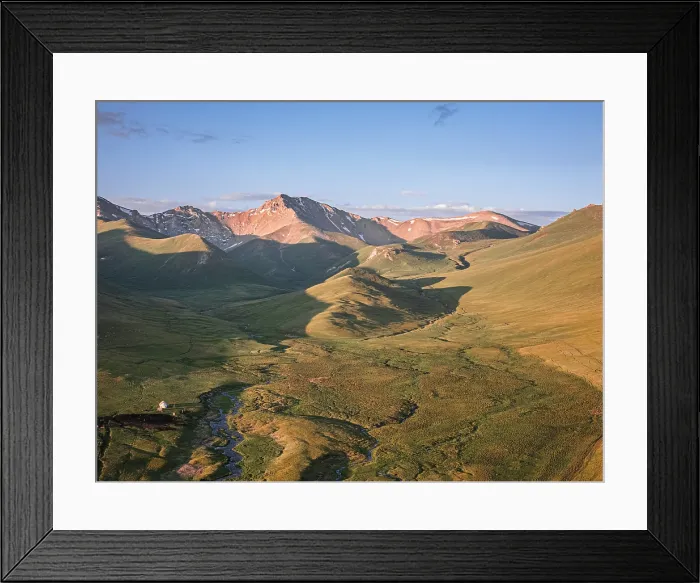 Framed Print : Majestic landscapes of Song Kol area showcasing mountains, valleys, and winding rivers during golden hour light Framed Print : Majestic landscapes of Song Kol area showcasing mountains, valleys, and winding rivers during golden hour light